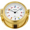 WEMPE Horloge hublot 140mm Ø (Série REGATTA) Horloge hublot dorée avec cadran ayant des drapeaux nautiques sur fond blanc
